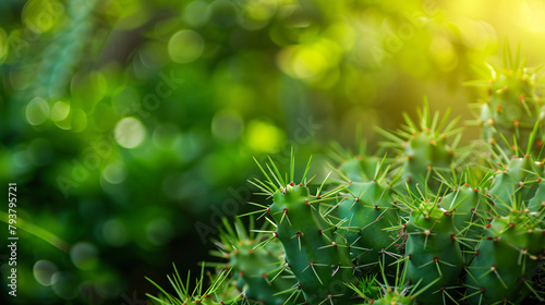 Closeup of green cuctus thorns in garden with copy space