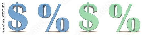 Percentage dollar sign blue green colored graphic illustration isolated on white in high resolution for print and business