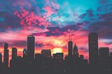 Artistic image of city skyline at sunset. with skyscrapers contrasting with the colorful sky.