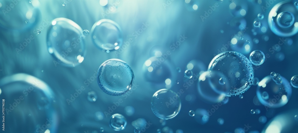 3d render of abstract background with transparent cells and bubble structure on blue background