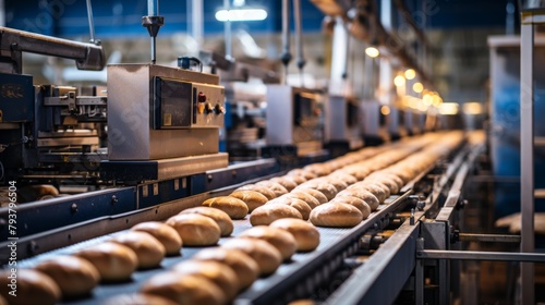 A variety of doughnuts gliding along a conveyor belt in a bakery production line photo