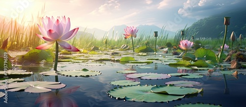 Lotus flowers pond water lilies grass