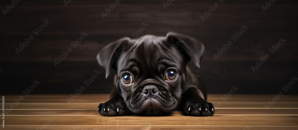 A black pug resting on wooden flooring