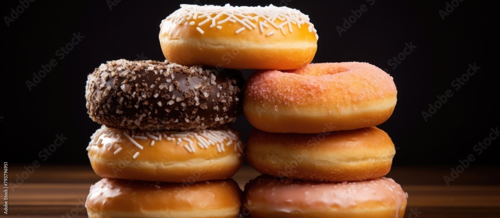 A variety of toppings on close-up donut stack