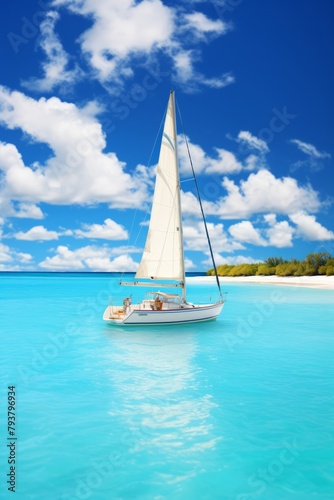 A sailboat with vibrant sails is seen gracefully gliding through the vast open ocean. The clear turquoise waters contrast beautifully with the boat as it moves through the calm sea