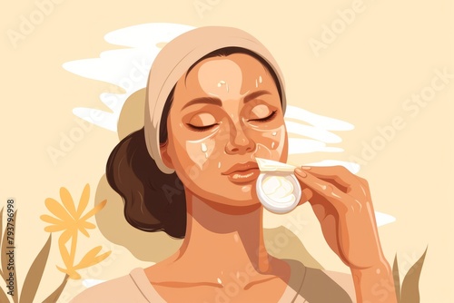 A woman is cleaning her face with a towel on her head, focusing on removing impurities and refreshing her skin after a skincare routine
