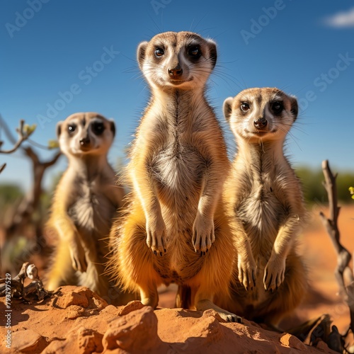 group of meerkats, standing alert on a mound, in the hot desert sun, atmosphere of vigilance and community, desert photography style, avoid showing any artificial structures