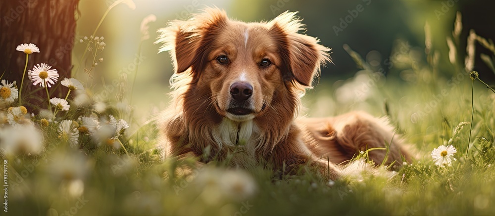 Dog resting in green field