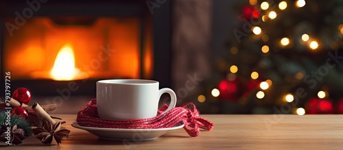 A cup of coffee by a Christmas tree