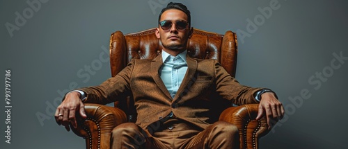 Man in suit and sunglasses sitting in chair