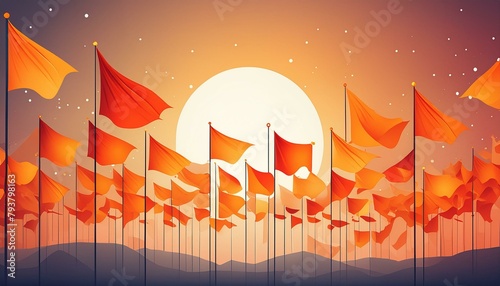 Sunrise with hindu orange flags illustration