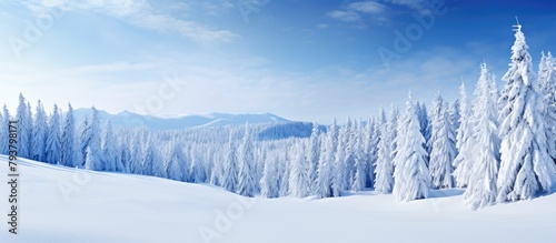 Snowy trees in the mountains with a blue sky