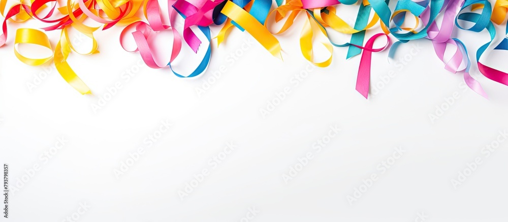Colorful ribbons spread on white backdrop