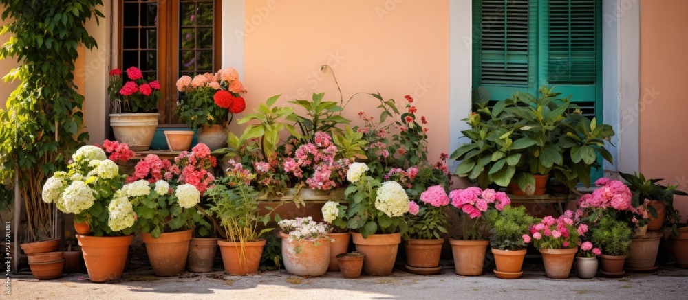 Potted plants clustered on urban walkway