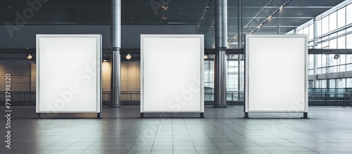 Three blank vertical billboards indoors photo