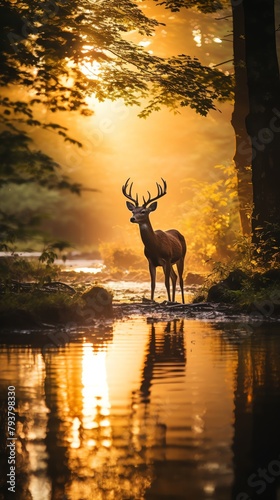 gentle deer, grazing in a misty meadow at dawn, in a peaceful forest setting, atmosphere of tranquility and grace, soft focus photography style, avoid showing modern elements