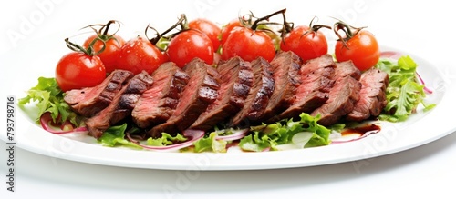 Juicy steak and fresh tomatoes on a white plate