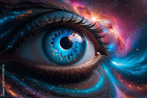 Eye in space with stars. Colorful universe. 3D rendering