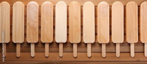 Wooden ice block sticks arranged on a wooden surface photo