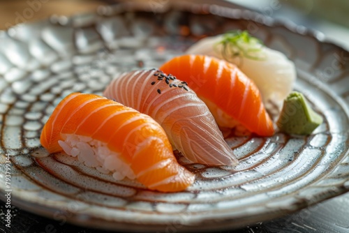 A trio of sushi delicacies, featuring vibrant salmon and subtle-flavored white fish, artfully presented on an ornate ceramic plate, accompanied by wasabi. photo
