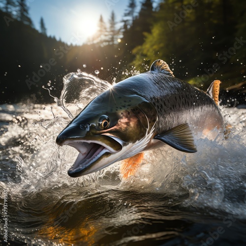 determined salmon, leaping up a waterfall, during its migration, capturing the essence of struggle and determination, river action photography style, avoid showing human observers © Phawika