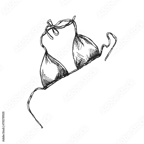 Hand-drawn sketch of woman swimsuit, bikini. Summer accessory isolated on white background. Vintage vector illustration in engraving style.