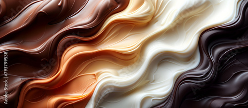 Melted smooth liquid caramel, white, milk and black chocolate, nut butter texture abstract background. Sweet food. Smooth waves.	
