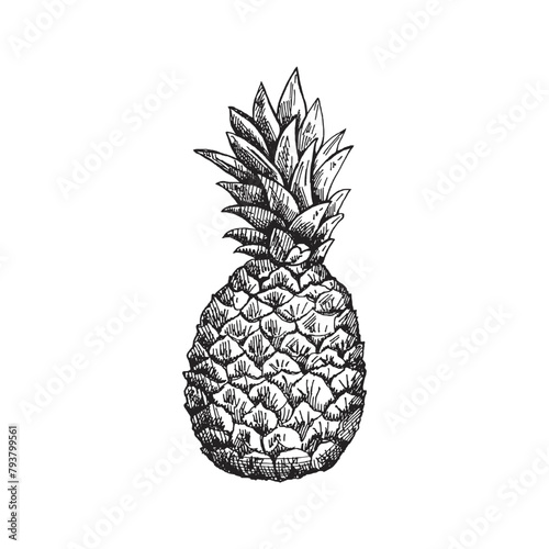 Hand-drawn pineapple sketch. Isolated vector ananas illustration. Whole tropical fruit, food sketch.