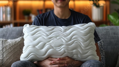 Closeup of a man with an orthopedic memory foam pillow indoors