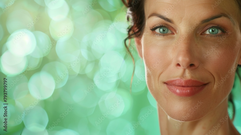 A woman with a green background and a blue eye A woman with a green background and a blue eye