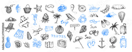 Fototapeta Naklejka Na Ścianę i Meble -  Hand-drawn sketch set of travel icons. Tourism and camping adventure icons. Сlipart with travelling elements, bags, transport, map, palm, seashells, bikini.