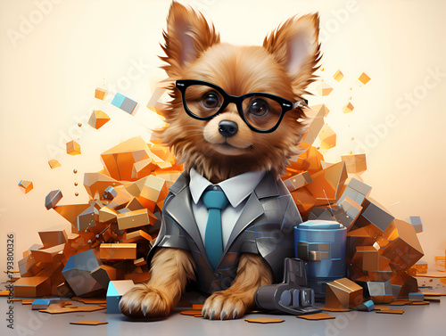 Cute dog in business suit and eyeglasses.