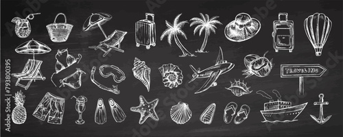 Hand-drawn sketch set of travel icons. Sea Tourism and adventure icons on chalkboard background.   lipart with travelling elements.