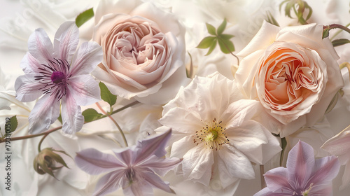 Garden terry roses and clematis on a light background. Congratulations with roses and clematis for Mother's Day.