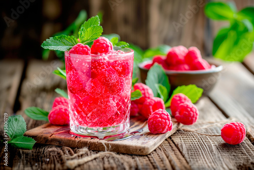 Raspberry juice with fresh raspberries and mint on wooden background