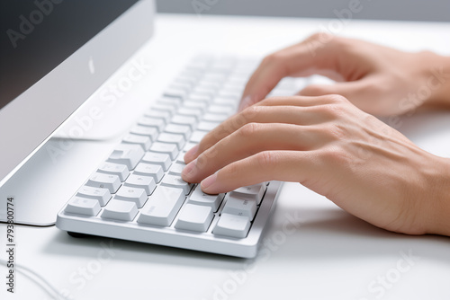 Hands writing on computer keyboard with white background. Topics related to the business world. Computer related topics. Image for graphic designer. Telework. Coworking. Hands and computer. Computer w