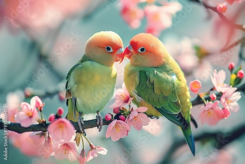 Two lovebirds perched on a branch photo