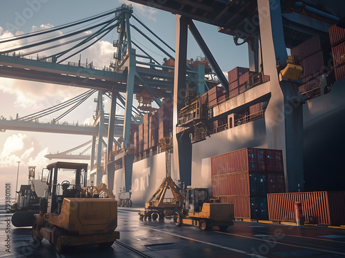Daylight Port Operations: Forklifts and Cranes at Work