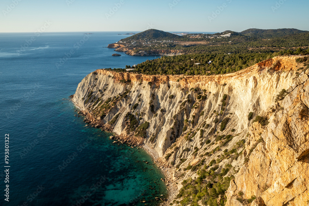 Aerial view of Cala Es Vedra viewpoint in the west coast of Ibiza, Sant Josep de Sa Talaia, Balearic Islands, Spain