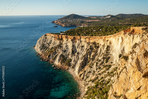 Aerial view of Cala Es Vedra viewpoint in the west coast of Ibiza, Sant Josep de Sa Talaia, Balearic Islands, Spain