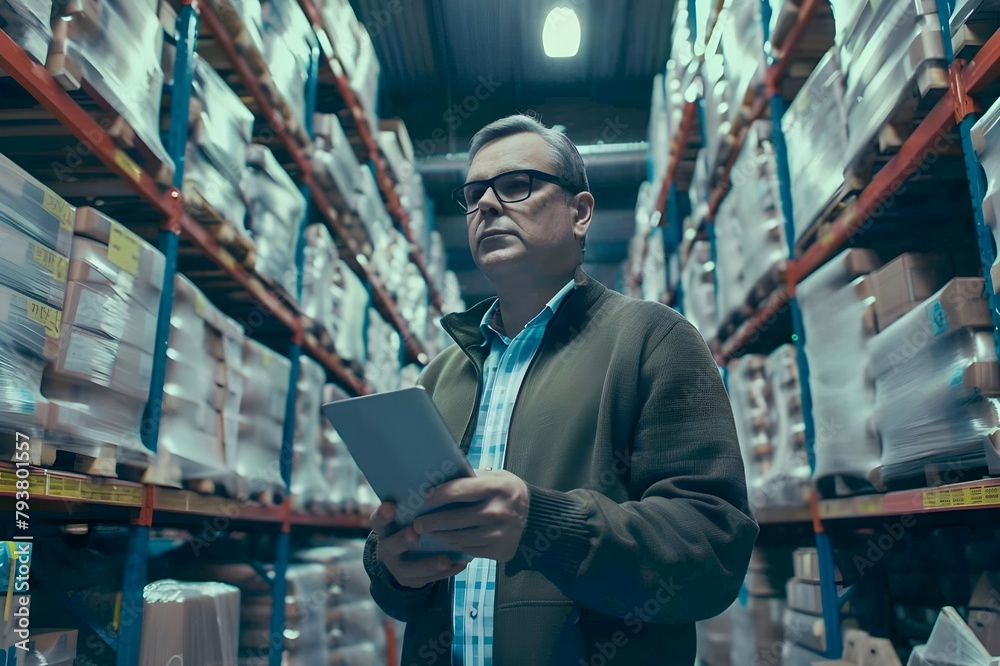 Worker man checklist goods at the warehouse. Worker man checklist goods at the warehouse.