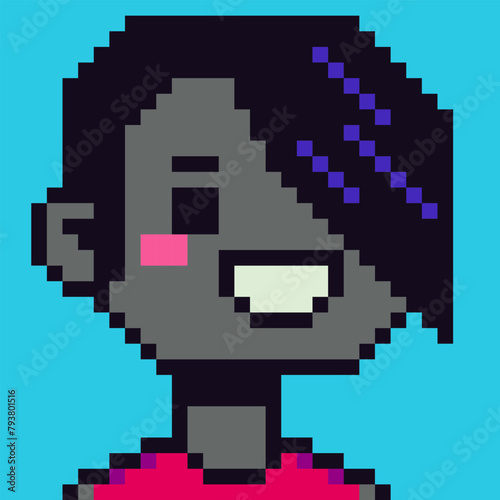 Pixel art 8-bit girl female character, cartoon vector icon, avatar, game user or web profile person, people, social net portrait, young African American woman face, minimalistic vector