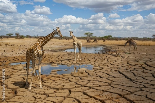 Drought-stricken Savannah  Giraffes struggling to find water amidst dried-up watering holes and wilted vegetation