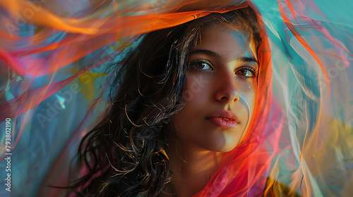retrato de una mujer joven envuelta en finos velos de pintura colorida que brillan con cada movimiento