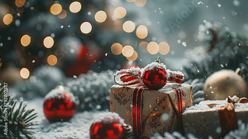 Antecedentes de marketing navideño y navideño, con temas invernales y de árboles navideños, adornos y regalos navideños, vibraciones nevadas. photo