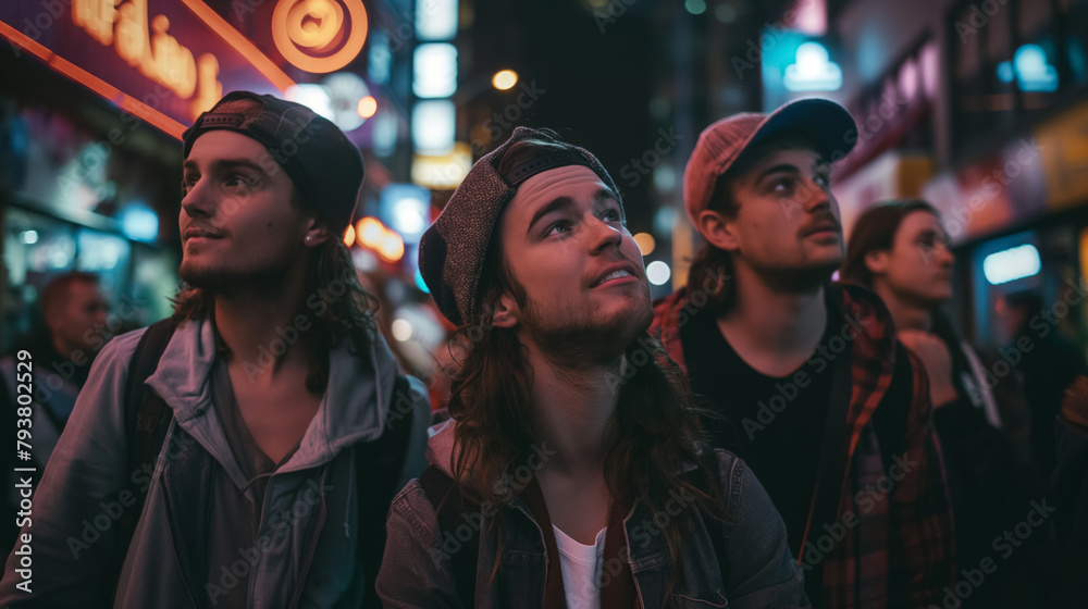 Three young men gazing upwards, mesmerized by the neon lights of a city at night, reflecting urban wonder.