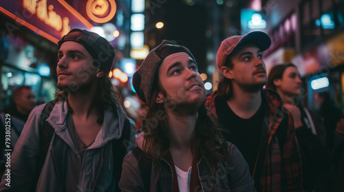 Three young men gazing upwards, mesmerized by the neon lights of a city at night, reflecting urban wonder.