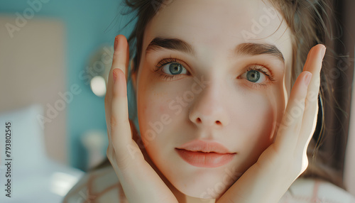 Young woman doing face building exercise in bedroom, closeup