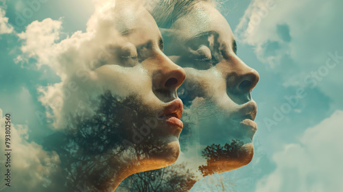 Ethereal double exposure portrait of faces blending seamlessly with the clouds in a serene sky.
