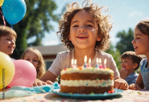 A joyful child blowing out candles on a birthday cake surrounded by friends and balloons.